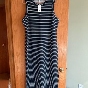 SPANX Navy and White Striped Maxi Dress
